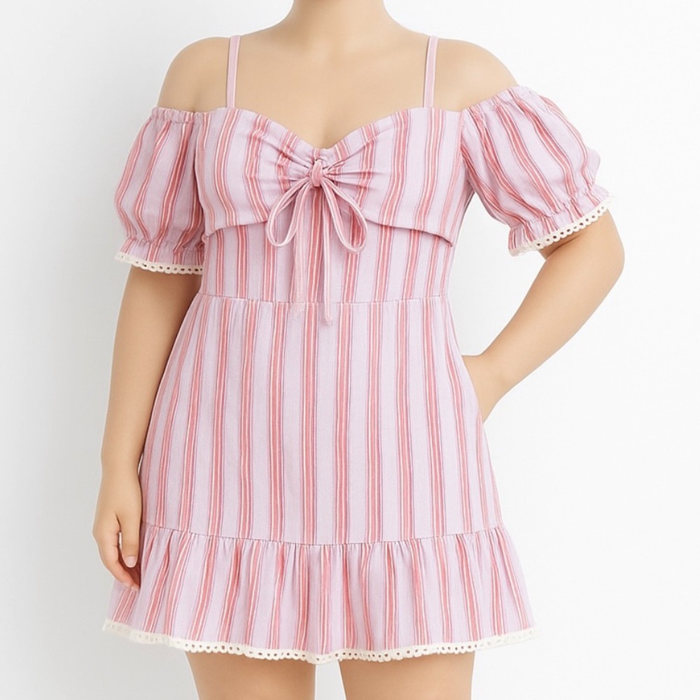 Tularosa Puff Sleeve Mini Dress L - Pink & White Striped Cotton Cottagecore Boho